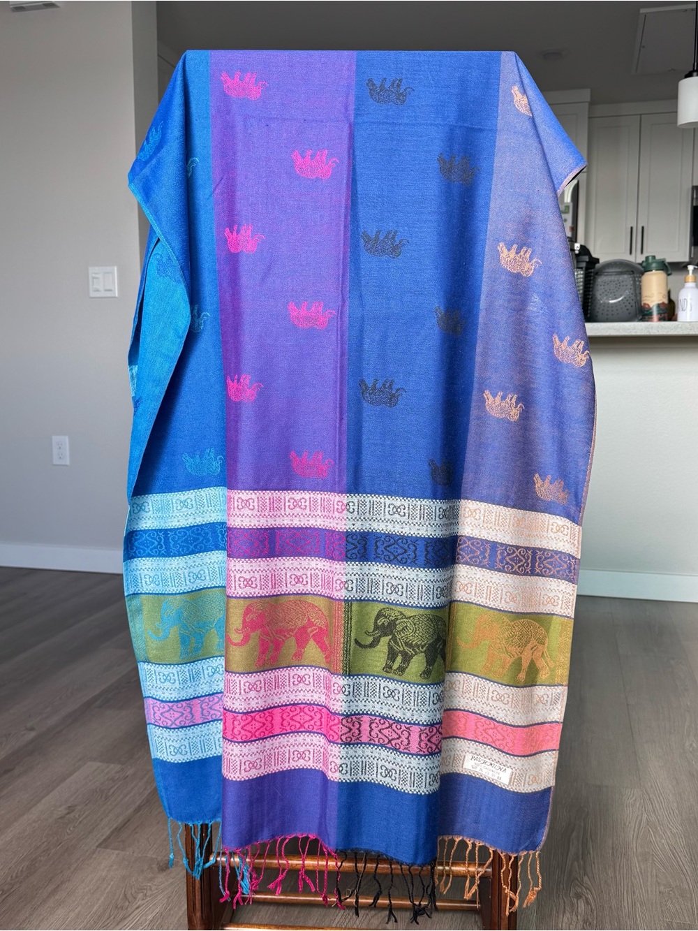 Pashmina 100% Cashmere Elephant Scarf Wrap Blue Purple Boho Fringe 72x28